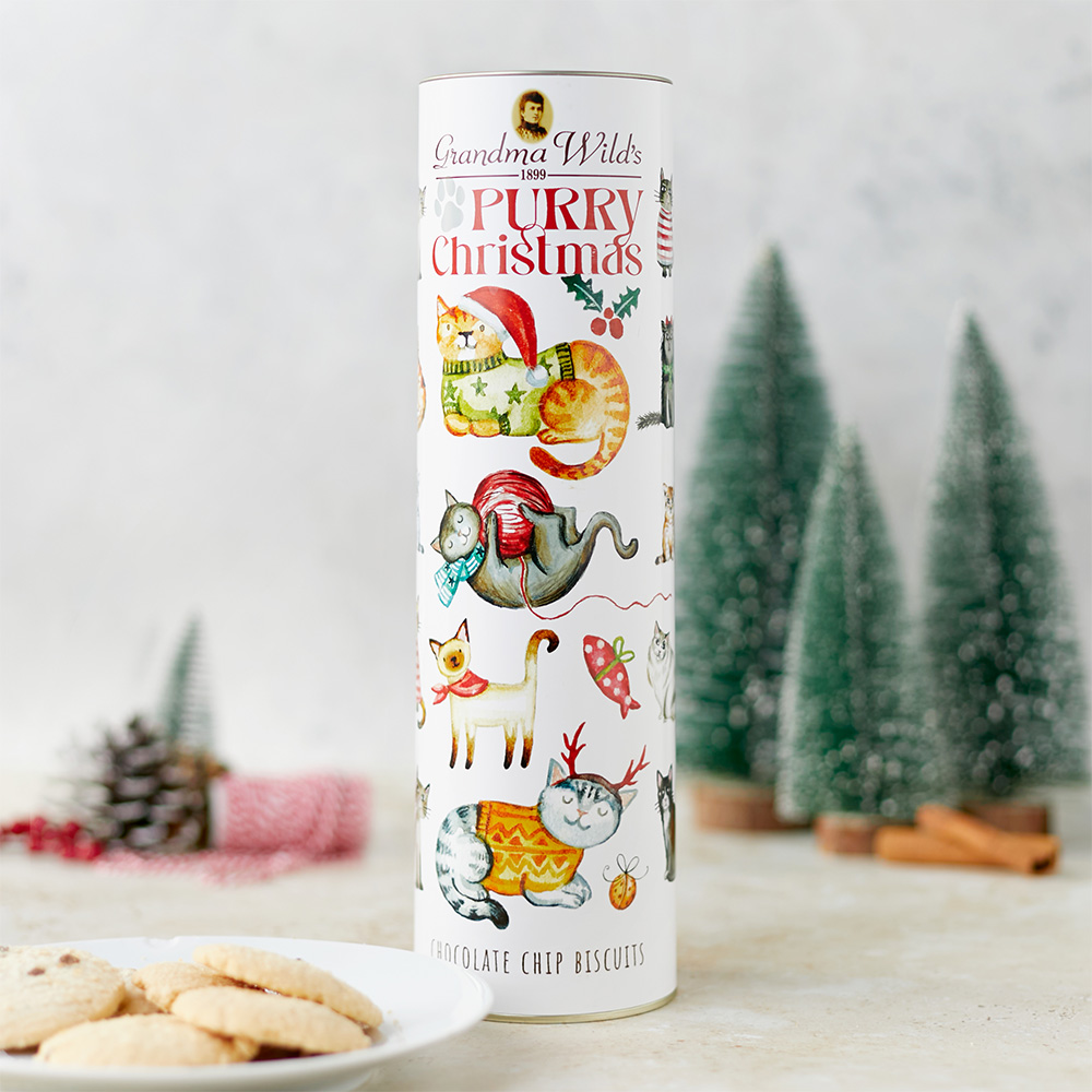 Purry cats Christmas biscuit tube